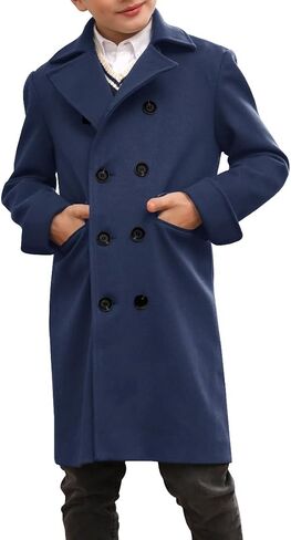 Ebifin Boys Notch Lapel Double Breasted Long Trench Coat Casual Classic Peacoat in Kuwait