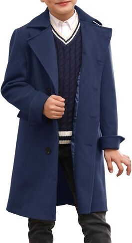Ebifin Boys Notch Lapel Double Breasted Long Trench Coat Casual Classic Peacoat in Kuwait