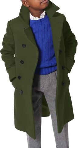 Ebifin Boys Notch Lapel Double Breasted Long Trench Coat Casual Classic Peacoat in Kuwait