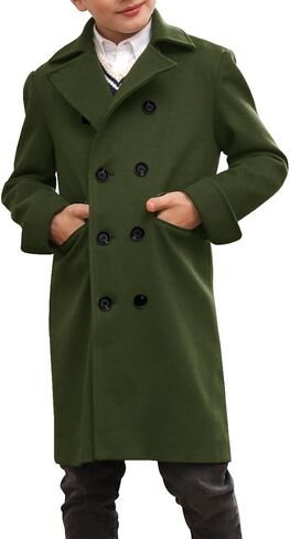 Ebifin Boys Notch Lapel Double Breasted Long Trench Coat Casual Classic Peacoat in Kuwait
