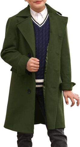 Ebifin Boys Notch Lapel Double Breasted Long Trench Coat Casual Classic Peacoat in Kuwait