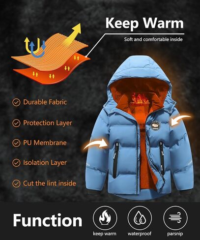 MOERDENG Kids Boy's Winter Coat Waterproof Fleece Lined Thick Down Coats Puffy Cotton Jackets with Hood in Saudi Arabia