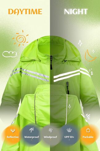CREATMO US Boys Girls Rain Coat Kids Reflective Cycling Jacket Waterproof Packable Children Windbreaker With Removable Hood in Kuwait