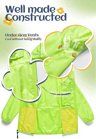 CREATMO US Boys Girls Rain Coat Kids Reflective Cycling Jacket Waterproof Packable Children Windbreaker With Removable Hood in Kuwait
