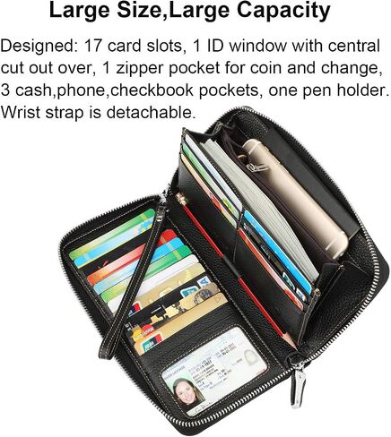 محفظة Lavemi النسائية RFID Blocking 100% جلدية ذات سعة كبيرة وسحاب حول المحفظة وحامل الهاتف ومحفظة السفر ومحفظة السوار in Kuwait