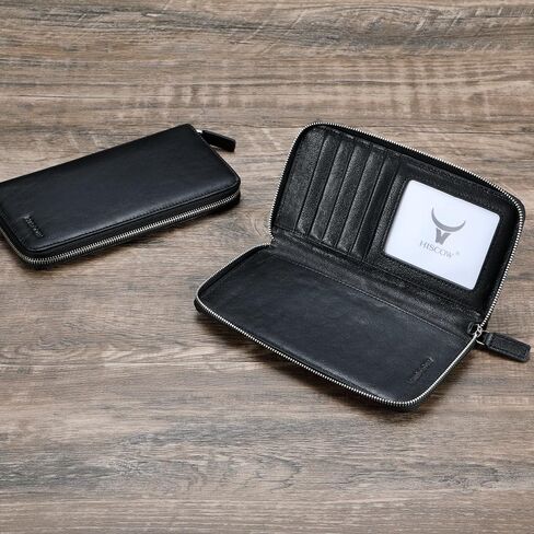 HISCOW Zippered Checkbook Cover & Card Holder with Divider - Italian Calfskin (Aniline Leather Blue) in Kuwait
