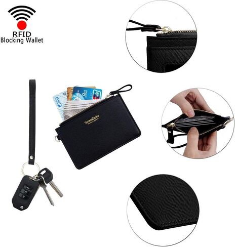 Aiyo Nice Women Slim RFID Card Case Holder Wristlet Zip ID Case Wallet Small Leather Wallet Coin Purse with Keychain in Kuwait