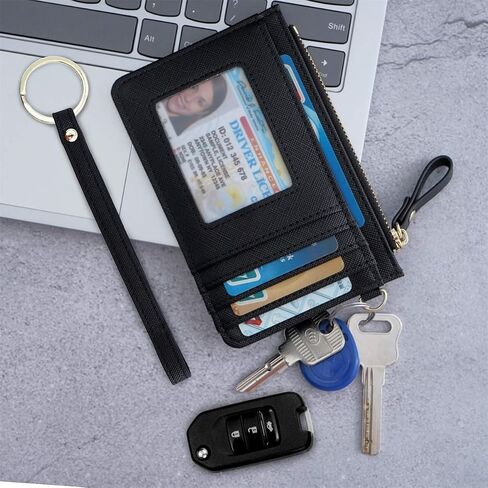 Aiyo Nice Women Slim RFID Card Case Holder Wristlet Zip ID Case Wallet Small Leather Wallet Coin Purse with Keychain in Kuwait