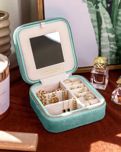 Benevolence LA Plush Velvet Jewelry Box | Travel Jewelry Case Organizer with Mirror | Featured in Oprah's Favorite Things | Best Gifts For Daughter, Girlfriend, Mom | Gifts For Her - Cyan in Kuwait