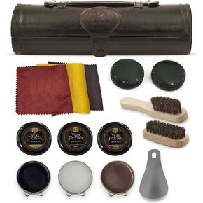 12PC Shoe Polish & Care Kit - Leather Shoe Shine Kit with Brown Wax, Shoe Brushes for Polishing - Compact Shoe Shine Kit