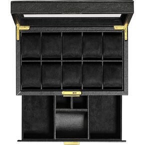 ROTHWELL 10-Slot Watch Box in Leather with Valet Drawer, Luxury Watch Case Display Organizer with Ultra Soft Microsuede Liner, Jewelry and Sunglass Holder With Large Glass top (Black/Black)