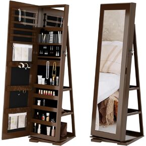 SDHYL Mirror Jewelry Cabinet, 360° Rotating Full Length Mirror with Storage Standing Mirror with Jewelry Storage, Jewelry Holder Organizer Makeup Storage with Lock for Girls, 63"x15", Brown