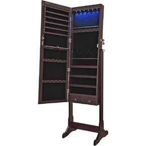 SONGMICS Mirror Jewelry Cabinet with 6 LED Lights, Lockable Standing Mirrored Armoire Organizer, 2 Drawers, Brown UJJC94K in Saudi Arabia
