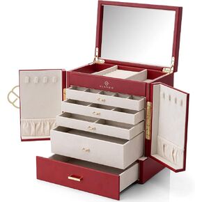 Vlando Large Jewelry Box, 6 Tier Jewelry Boxes & Organizers, Mirror Jewelry Storage Case with 5 Drawers,Faux Leather Watch Earrings Necklace Rings Bracelets Box, Gifts for Women Grey in Saudi Arabia