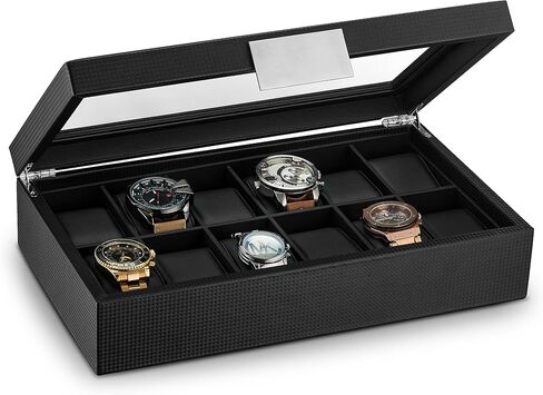 Travel Watch Case - 3 Slot Box for Mens Watches, Men's Watch Holder Boasts Metal Buckle, Carbon Fiber Design, Secured Velcro Closure & Leather Pillows, Small for Traveling - Black in Saudi Arabia
