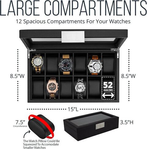 Travel Watch Case - 3 Slot Box for Mens Watches, Men's Watch Holder Boasts Metal Buckle, Carbon Fiber Design, Secured Velcro Closure & Leather Pillows, Small for Traveling - Black in Saudi Arabia