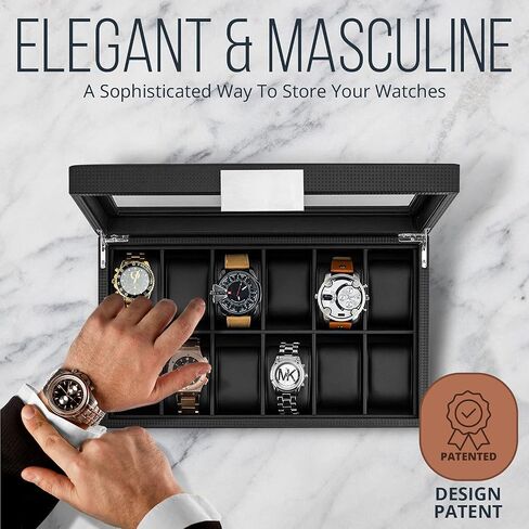Travel Watch Case - 3 Slot Box for Mens Watches, Men's Watch Holder Boasts Metal Buckle, Carbon Fiber Design, Secured Velcro Closure & Leather Pillows, Small for Traveling - Black in Saudi Arabia