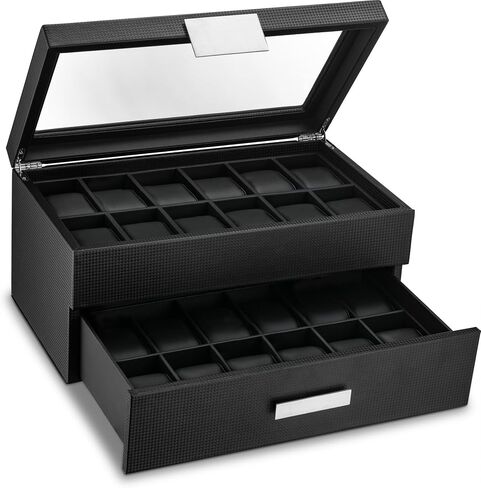 Travel Watch Case - 3 Slot Box for Mens Watches, Men's Watch Holder Boasts Metal Buckle, Carbon Fiber Design, Secured Velcro Closure & Leather Pillows, Small for Traveling - Black in Saudi Arabia