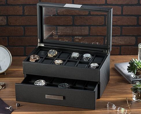Travel Watch Case - 3 Slot Box for Mens Watches, Men's Watch Holder Boasts Metal Buckle, Carbon Fiber Design, Secured Velcro Closure & Leather Pillows, Small for Traveling - Black in Saudi Arabia