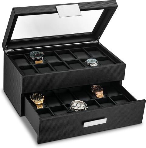Travel Watch Case - 3 Slot Box for Mens Watches, Men's Watch Holder Boasts Metal Buckle, Carbon Fiber Design, Secured Velcro Closure & Leather Pillows, Small for Traveling - Black in Saudi Arabia