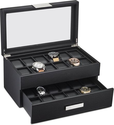 Travel Watch Case - 3 Slot Box for Mens Watches, Men's Watch Holder Boasts Metal Buckle, Carbon Fiber Design, Secured Velcro Closure & Leather Pillows, Small for Traveling - Black in Saudi Arabia