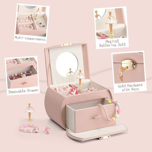 Vlando Kids Musical Jewelry Box for Girls with Drawer, Music Box with Ballerina and Stickers for Birthday Bedroom Decor, Gifts for Girls Kids Christmas Thanksgiving Gifts 2023 - Blue in Kuwait