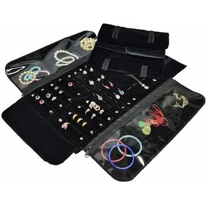 Velvet Travel Jewelry Case Roll Bag Organizer for Necklace Bracelet Earrings Ring (Black)