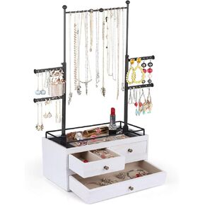 Jewelry Organizer - 2 Layer Wooden Jewelry Drawer Storage Box with 6 Tier Jewelry Tree Stand, Jewelry Display for Necklaces Bracelet Earring Ring (Carbonized Black) in Kuwait