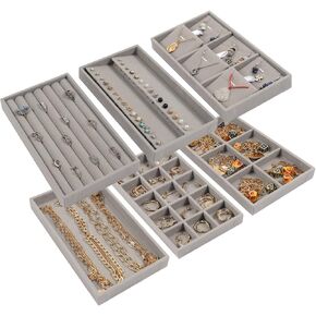 STYLIFING 6 Pack Jewelry Organizer Trays, Velvet Jewelry Tray Stackable Jewelry Display Case for Dresser Drawer Insert, Ring Earing Necklace Bracelet Holder
