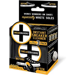 SneakERASERS Instant Sneaker Cleaner Sponge, Effective Shoe Cleaning Kit for White Sneakers, Tennis Shoes - Pre-Moistened, Portable Shoe Cleaner, Perfect for Smooth Soles and Midsoles, 3 Pack
