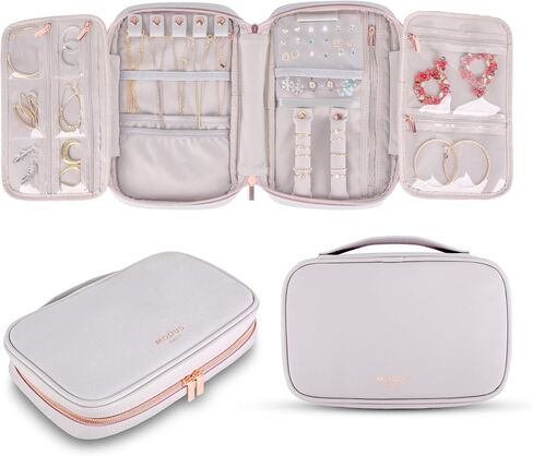 MODUS BAGS Travel Jewelry Organizer, Large Capacity Case for Tangle-Free Earrings, Necklaces, Rings Storage (Light Gray Vegan Leather, Rose Gold Hardware, Gift Box) in Saudi Arabia