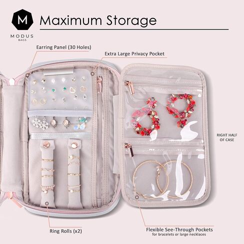 MODUS BAGS Travel Jewelry Organizer, Large Capacity Case for Tangle-Free Earrings, Necklaces, Rings Storage (Light Gray Vegan Leather, Rose Gold Hardware, Gift Box) in Saudi Arabia