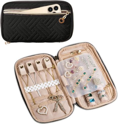 Travel Jewelry Organizer Case, Jewelry Travel Bags for Women, Small Travel Jewelry Case for Tangle-Free Earrings, Necklaces, Rings Storage, Travel Accessories, Black in Kuwait