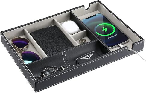 ProCase Valet Tray للرجال، منظم منضدة EDC تفريغ صواني Catchall مع محطة شحن الهاتف، صندوق تخزين من الجلد الصناعي لمدخل خزانة الملابس لساعة المحفظة الرئيسية والنظارات الشمسية - أزرق داكن in Kuwait