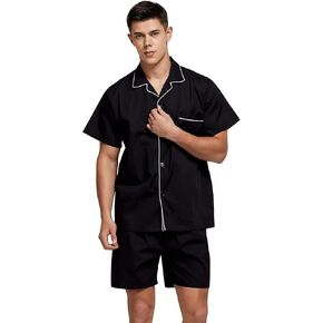 Mens Cotton Pajamas Short Sleeve Pajama Set Woven Sleepwear Loungewear Nightwear