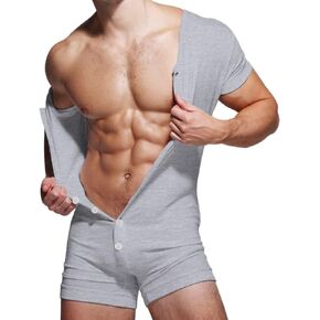 GYMAPE Mens Short Sleeve Onesie Henley Jumpsuit Pajamas Stretchy Cotton One Piece Garment in Saudi Arabia