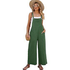Rousytn Women's Baggy Bib Overalls Adjustable Straps Casual Cotton Jumpsuits Wide Leg Loose Rompers with Pockets