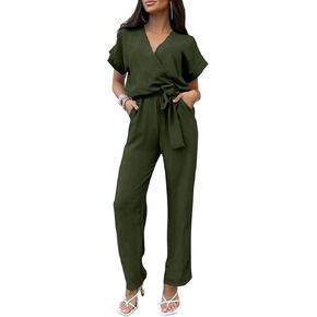 PRETTYGARDEN Women's Jumpsuit Casual Short Sleeve Wrap V Neck Belted Wide Leg Pants in Kuwait