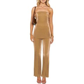 NUFIWI Womens Sexy 2 Piece Pants Set Strapless Off Shoulder Tube Tops Pleated Wide Leg Pants Y2k Suits Summer Outfits in Kuwait