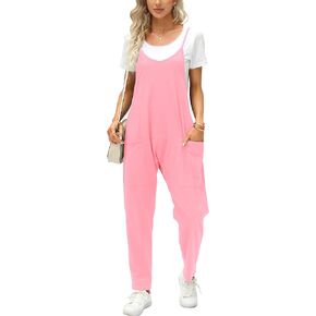 Fisoew Women's Summer Sleeveless Loose Casual V Neck Jumpsuits Spaghetti Strap Long Pants Baggy Overalls with Pockets