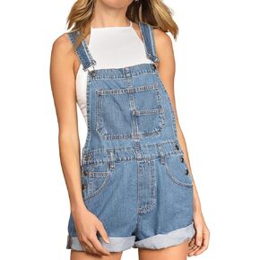Talakeno Women's Casual Denim Bib Overall Shorts Adjustable Straps Cuffed Hem Shortall Rompers