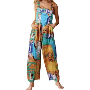 Himosyber Women's Patchwork Dual Pocket Jumpsuit Loose Floral Print Bohemian Wide Leg Bib Overall