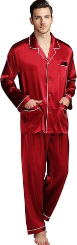 Lonxu Pajamas Set Mens Silk Satin Pajamas Long Sleeve Loungewear Two-Piece Sleepwear Button-Down Pj Set S-XXXXL in Kuwait