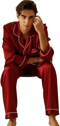 Lonxu Pajamas Set Mens Silk Satin Pajamas Long Sleeve Loungewear Two-Piece Sleepwear Button-Down Pj Set S-XXXXL in Kuwait