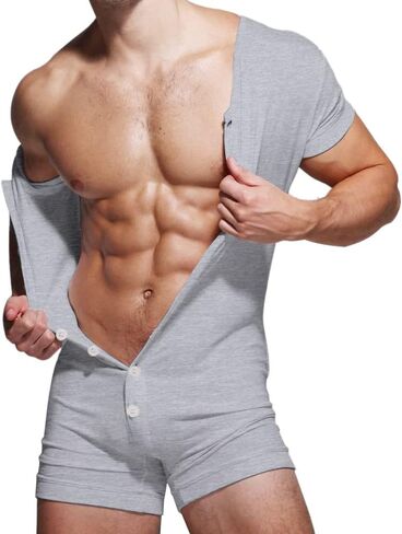 بيجامة رجالي من GYMAPE بأكمام قصيرة من قطعة واحدة من قطعة واحدة من قطعة واحدة من ملابس Onesie Henley المصنوعة من القطن القابل للتمدد in Kuwait