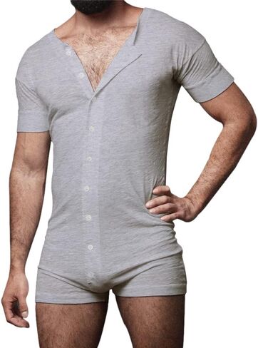 بيجامة رجالي من GYMAPE بأكمام قصيرة من قطعة واحدة من قطعة واحدة من قطعة واحدة من ملابس Onesie Henley المصنوعة من القطن القابل للتمدد in Kuwait