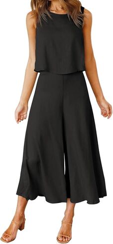 ROYLAMP Women's Summer 2 Piece Outfits Round neck Crop Basic Top Cropped Wide Leg pants Set Jumpsuits in Kuwait