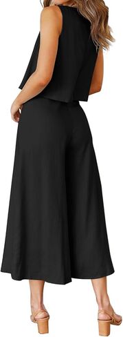 ROYLAMP Women's Summer 2 Piece Outfits Round neck Crop Basic Top Cropped Wide Leg pants Set Jumpsuits in Kuwait