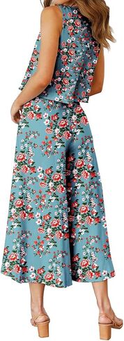 ROYLAMP Women's Summer 2 Piece Outfits Round neck Crop Basic Top Cropped Wide Leg pants Set Jumpsuits in Kuwait