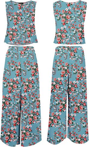 ROYLAMP Women's Summer 2 Piece Outfits Round neck Crop Basic Top Cropped Wide Leg pants Set Jumpsuits in Kuwait